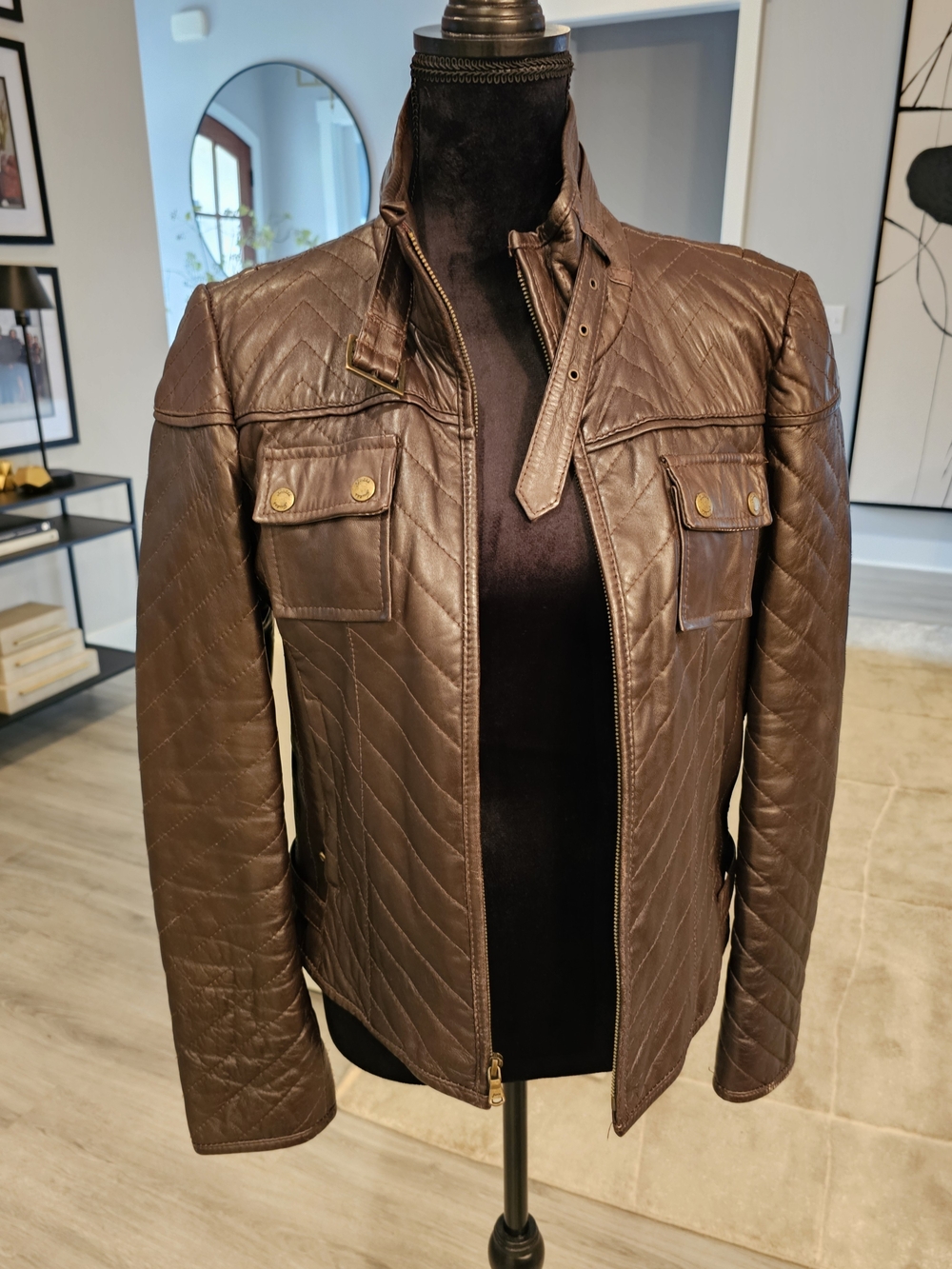 Guess Quilted Brown Leather Jacket with Snap Chest Pockets